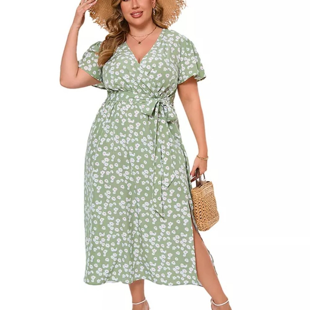 Women Plus Size Maxi Dress V Neck Summer Dress Short Sleeve with Belt